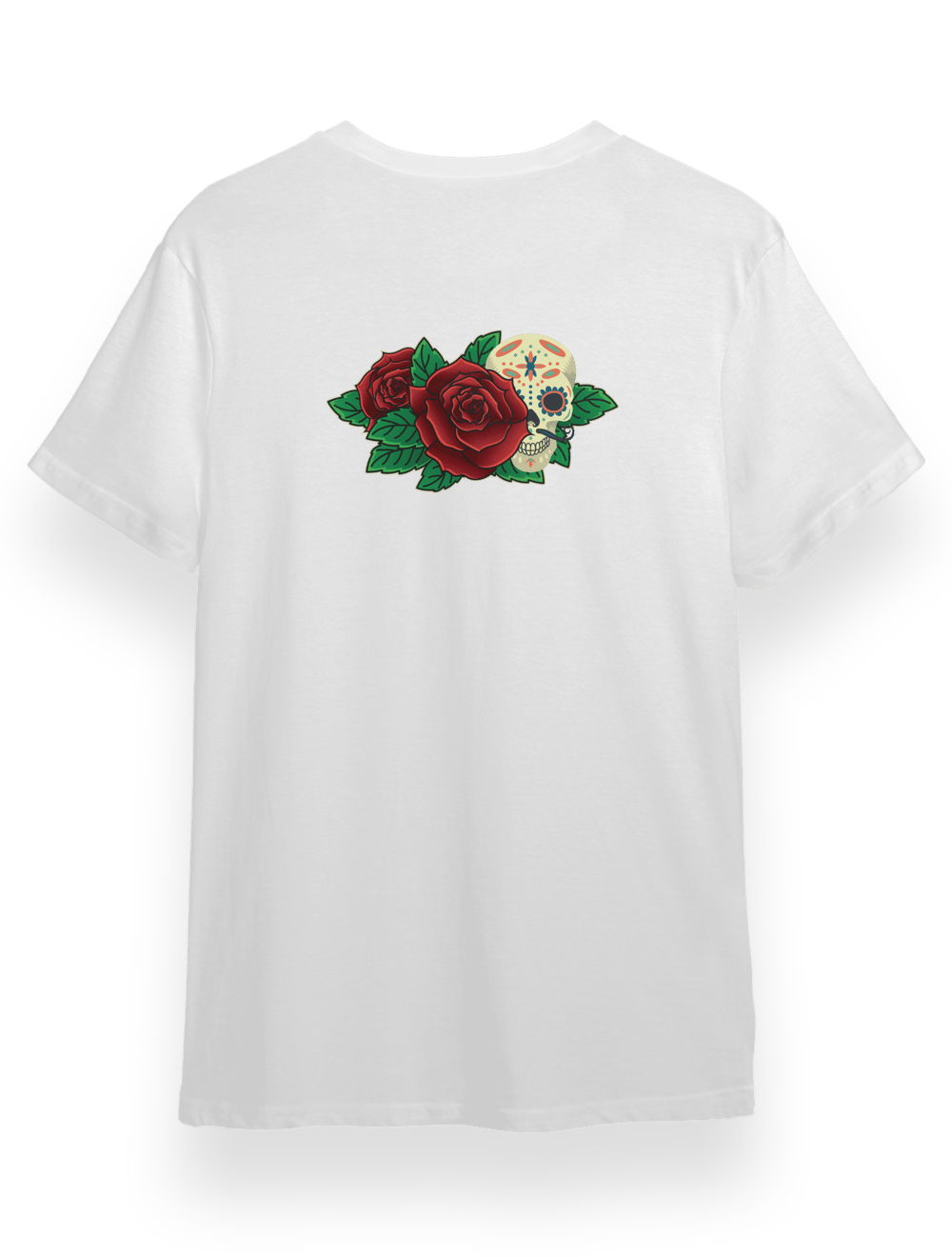 Gül ve Kafa Tası Baskılı Beyaz Bisiklet Yaka Tişört