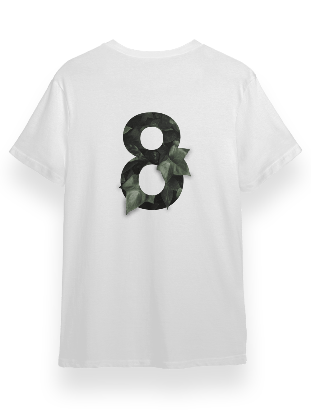 8 Rakamlı Sarmaşık Baskılı Beyaz Bisiklet Yaka T-shirt